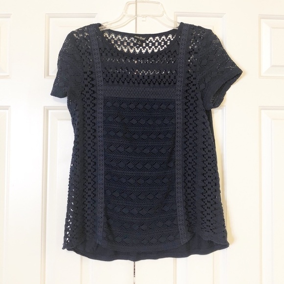 Lucky Brand navy blue crocheted short sleeve pullover crew neck top. Small. EUC - Picture 3 of 6